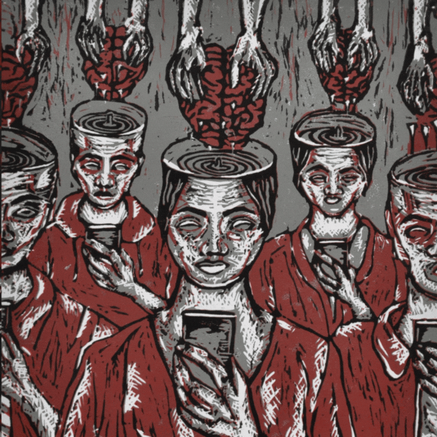 Addiction to Technology (Linocut)